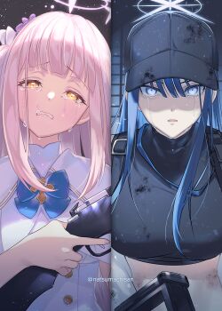 2girls :d assault_rifle baseball_cap black_hair black_headwear black_shirt blue_archive blue_bow blue_bowtie blue_eyes bow bowtie breasts buttons capelet chest_harness clenched_teeth coat commentary_request crop_top crying crying_with_eyes_open dirty dirty_clothes double-breasted dress finger_on_trigger flower frilled_dress frills gun hair_flower hair_ornament halo harness hat head_tilt holding holding_gun holding_weapon lanchester_smg long_hair looking_at_viewer medium_breasts midriff mika_(blue_archive) multiple_girls natsumachisan no_mask off_shoulder open_mouth parted_lips pink_hair rifle saori_(blue_archive) shirt shotgun sidelocks sig_516 sig_sauer sleeveless sleeveless_dress sleeveless_shirt small_breasts smile split_screen spoilers standing submachine_gun tears teeth twitter_username upper_body very_long_hair wavy_mouth weapon white_capelet white_coat white_dress yellow_eyes