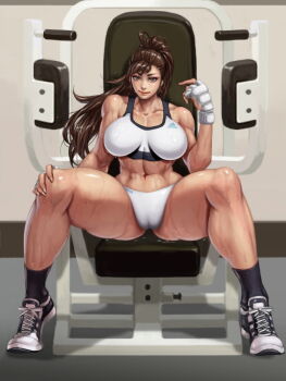 1girl abs adidas alternate_costume alternate_hairstyle beckoning black_socks breasts brown_eyes brown_hair cameltoe capcom chun-li collarbone come_hither curvy exercise_machine exercising eyeliner female_focus fingerless_gloves fingernails gloves gym impossible_clothes indoors large_breasts legs lips long_hair looking_at_viewer makeup muscular muscular_female navel ponytail shiny_skin shoes sitting smile sneakers socks solo sports_bikini sports_bra spread_legs street_fighter sweat thick_thighs thighs toned xxoom