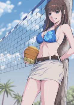 absurdres arm_behind_back ball belt bikini blue_bikini blue_eyes brown_belt brown_hair cross-laced_bikini cross-laced_clothes dead_or_alive dead_or_alive_xtreme grin halterneck highres hitomi_(doa) holding holding_ball long_hair looking_at_viewer sidelocks skirt smile swimsuit tyanoki volleyball volleyball_net white_skirt