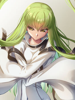 1girl breasts c.c. closed_mouth code_geass crossed_arms floating_hair green_hair highres jumpsuit long_hair medium_breasts shoumoku solo suspenders upper_body very_long_hair white_jumpsuit wide_sleeves yellow_eyes