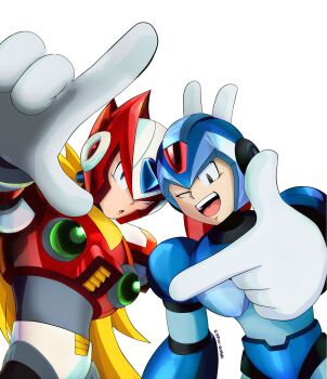Rule 34 | 2boys, ;d, armor, artist name, blonde hair, blue armor, blue eyes, blue helmet, chest jewel, forehead jewel, gloves, green eyes, helmet, highres, index finger raised, jewelry, long hair, looking at viewer, mega man (series), multiple boys, one eye closed, open mouth, ponytail, red armor, red helmet, shoulder armor, smile, teeth, transparent background, upper body, upper teeth only, v, very long hair, white gloves, x (mega man), zero (mega man), znivans