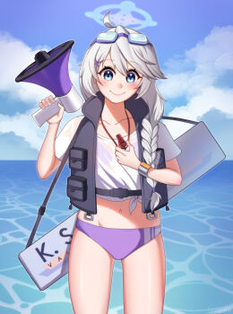 Rule 34 | 1girl, absurdres, ahoge, bikini, blue archive, blue eyes, blue halo, blue sky, bonoshii, braid, cloud, day, goggles, goggles on head, grey hair, grey vest, halo, highres, holding, holding whistle, horizon, kirino (blue archive), kirino (swimsuit) (blue archive), long hair, looking at viewer, megaphone, ocean, official alternate costume, outdoors, purple bikini, purple halo, shirt, single braid, sky, smile, solo, swim goggles, swimsuit, t-shirt, vest, whistle, whistle around neck, white shirt