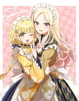 2girls ;d apron back_bow blonde_hair blunt_bangs blush bow braid braided_twintails checkered_background commentary commission cowboy_shot curtained_hair fujita_kotone furisode_sleeves gakuen_idolmaster hair_ornament hairclip hakama hakama_skirt height_difference highres hug idolmaster japanese_clothes juo_sena kimono long_hair looking_at_viewer low_twin_braids low_twintails maid maid_apron maid_headdress mao_xiaozha_(rumiechen) multicolored_hair multiple_girls official_alternate_costume one_eye_closed open_mouth parallel_hairclips pink_background purple_eyes purple_streaks skirt smile straight_hair streaked_hair striped_clothes striped_kimono twin_braids twintails v vertical-striped_clothes vertical-striped_kimono wa_maid white_apron wide_sleeves wispy_bangs yagasuri yellow_eyes yellow_kimono