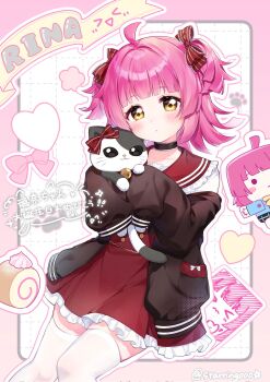 1girl :o black_choker black_jacket blush cat choker hair_ornament highres holding jacket looking_at_viewer love_live! love_live!_nijigasaki_high_school_idol_club pink_hair red_skirt short_hair sitting skirt solo starringooo tennoji_rina thighhighs white_thighhighs yellow_eyes