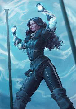 1girl absurdres arms_up black_boots black_gloves black_hair black_jacket black_pants bonniepferd boots gloves highres jacket long_hair magic pants purple_eyes shirt short-sleeved_jacket short_sleeves solo the_witcher_(series) the_witcher_3 white_shirt yennefer_of_vengerberg