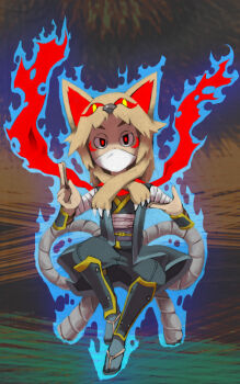 Rule 34 | 1boy, arm wrap, aura, black eyes, black sash, blue pants, blue shirt, brown background, commentary request, dark aura, fox hat, full body, kuji-in, looking at viewer, male focus, mask, mouth mask, ninja, ninja (ragnarok online), ninja mask, obi, pants, ragnarok online, red pupils, sandals, sash, shin guards, shirt, solo, yohe, zouri