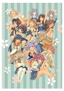 6+girls :d :p ahoge alternate_costume areola_slip arm_up bare_legs black_gloves black_hair black_thighhighs blonde_hair blue_eyes blue_hair blue_one-piece_swimsuit blue_sailor_collar blue_skirt border bow_hairband breasts brown_eyes brown_hair cardigan character_name closed_eyes closed_mouth commentary_request covered_navel cropped_shirt drink elbow_gloves everyone feet fingerless_gloves flat_chest floral_background flower from_side full_body glasses gloves green_background green_eyes grey_hair grey_neckerchief hair_flaps hair_flower hair_ornament hair_ribbon hairband hairclip hat high_ponytail highres holding holding_drink holding_hands huge_ahoge i-13_(kancolle) i-14_(kancolle) i-168_(kancolle) i-19_(kancolle) i-201_(kancolle) i-203_(kancolle) i-26_(kancolle) i-400_(kancolle) i-401_(kancolle) i-47_(kancolle) i-504_(kancolle) i-58_(kancolle) i-8_(kancolle) kantai_collection long_hair looking_at_viewer low-tied_long_hair luigi_torelli_(kancolle) medium_breasts medium_hair midriff miniskirt multiple_girls neckerchief nipple_slip nipples one-piece_swimsuit open_cardigan open_clothes open_mouth orange_sailor_collar orange_skirt pink_eyes pink_hair pink_neckerchief pleated_skirt ponytail pot-de purple_eyes purple_hair ramune red_eyes red_hair ribbon ro-500_(kancolle) sailor_collar school_swimsuit school_uniform shirt short_hair short_sleeves side-tie_shirt sidelocks skirt sleeveless sleeveless_shirt small_breasts smile striped_background swimsuit swimsuit_under_clothes tan tanline thigh_strap thighhighs tongue tongue_out twintails two_side_up v waving white_border white_hairband white_one-piece_swimsuit white_sailor_collar white_shirt white_thighhighs yellow_neckerchief
