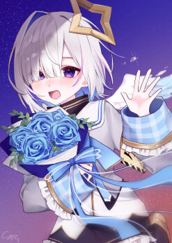 1girl absurdres amane_kanata amane_kanata_(1st_costume) angel angel_wings armband black_dress blue_flower bouquet commentary_request cropped_jacket dress flower grey_hair halo highres holding holding_bouquet hololive jacket looking_at_viewer multicolored_hair open_mouth pink_streaks purple_eyes saka_x_x short_hair smile solo star_halo streaked_hair virtual_youtuber white_jacket wings yellow_armband