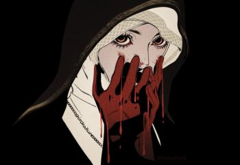 Rule 34 | 1girl, black background, black gloves, black hood, blood, blood on face, blood on hands, covering own mouth, elden ring, elden ring nightreign, gloves, jewelry, looking at viewer, necklace, nun, orange eyes, portrait, shirohakune, signature, solo, undertaker (elden ring), white coif