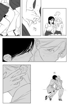 0820_lakia 2girls absurdres blush collared_shirt commentary_request ear_blush eye_contact greyscale highres holding_hands kiss korean_commentary long_hair looking_at_another monochrome multiple_girls original pleated_skirt school_uniform shirt sitting skirt yuri