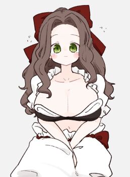 1girl :| blush bow breasts brown_hair cleavage closed_mouth collarbone commentary cowboy_shot flying_sweatdrops forehead frilled_shirt frills green_eyes hair_bow large_breasts long_hair looking_at_viewer olto_rondo original own_hands_together red_bow shirt short_sleeves simple_background skirt solo straight-on symbol-only_commentary white_background white_shirt white_skirt