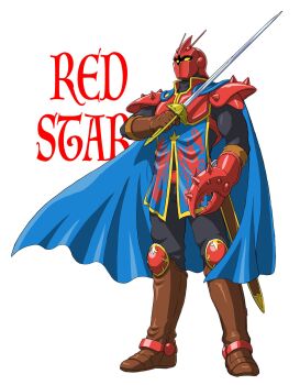 Rule 34 | 1boy, armor, black pants, black shirt, blue cape, blue tabard, boots, brown boots, brown gloves, cape, character name, chest guard, commentary request, fake pincers, full body, gauntlets, gloves, helmet, highres, holding, holding sword, holding weapon, jusco ouji no bouken, knee boots, knee pads, lobster claw, male focus, mizutani kenta, official artist extra, pants, pauldrons, rapier, red armor, red helmet, red star (jusco ouji no bouken), sheath, shirt, shoulder armor, simple background, single gauntlet, solo, spiked pauldrons, spikes, standing, sword, tabard, unsheathed, weapon, white background, yellow eyes