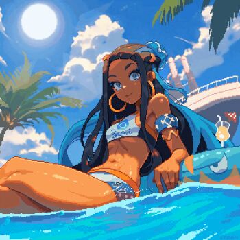 1girl abs animated animated_gif bare_shoulders black_hair blue_eyes blue_hair breasts cloud crop_top dark-skinned_female dark_skin drednaw earrings gen_8_pokemon highres itzah jewelry long_hair nessa_(pokemon) nintendo palm_tree pixel_art pokemon pokemon_swsh pool ship shorts sleeveless small_breasts sun sunlight swimsuit tree water watercraft