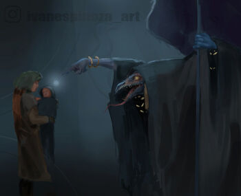 baby beak blue_skin bracelet brown_dress carrying carrying_baby carrying_person chaos_(warhammer) colored_skin copyright_name demon dress earrings extra_eyes floating_earrings glowing glowing_eye gold_bracelet ivan_espinoza jewelry long_hair long_tongue lord_of_change magic mother_and_child pointing pointing_at_another sharp_teeth sharp_tongue staff teeth tongue tzeentch warhammer_40k