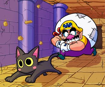 1boy 1girl anomegaguy bag black_cat black_cat_(wario_land) cat clenched_teeth debris facial_hair gloves green_footwear mustache nintendo overalls pointy_ears purple_overalls shirt teeth wario wario_land wario_land_4 white_gloves yellow_headwear yellow_shirt
