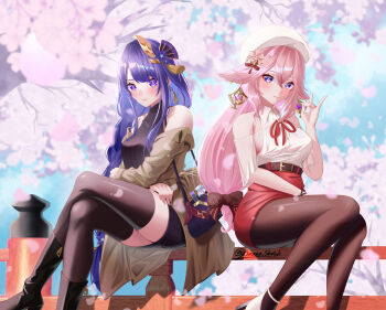 2girls absurdres amaneiru animal_ear_piercing animal_ears armpit_crease bag bare_shoulders belt black_belt black_boots black_dress black_pantyhose black_thighhighs blue_sky blunt_bangs blurry blurry_background blush boots bow bridge cherry_blossoms closed_mouth clothing_cutout cloud cloudy_sky collared_shirt commentary_request couple crossed_arms crossed_legs dango_milk_(genshin_impact) dappled_sunlight day depth_of_field dress earrings fan_hair_ornament flower flower_ornament fox_ears fox_girl fox_shadow_puppet friends from_side genshin_impact glowing gradient_hair hair_bow hair_ornament hand_up handbag hat head_tilt highres jewelry light_rays light_smile long_hair looking_at_viewer low-tied_long_hair mole mole_under_eye multicolored_hair multiple_girls neck_ribbon off_shoulder outdoors pantyhose pink_hair purple_eyes purple_flower purple_hair raiden_shogun raiden_shogun_(autumn_pop-up_store) red_bow red_ribbon red_skirt ribbon see-through_clothes see-through_sleeves shade shirt short_sleeves shoulder_cutout single_earring sitting skirt sky streaked_hair sunlight thighhighs tomoe_(symbol) tree upper_body white_hat white_shirt wide_sleeves yae_miko yae_miko_(autumn_pop-up_store) yuri