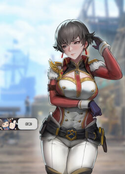 2girls arecus armor black_hair blush breasts brown_hair capcom closed_mouth earrings fiorayne_(monster_hunter) floating_earrings gloves hair_between_eyes headband highres japanese_clothes jewelry kamura_(armor) large_breasts looking_at_viewer monster_hunter_(character) monster_hunter_(series) monster_hunter_rise multiple_girls purple_eyes short_hair simple_background thighs