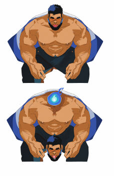 1boy abs absurdres bamashengze bara black_hair blue_fire blush cum cum_in_mouth dark-skinned_male dark_skin disembodied_head facial_scar fire forked_eyebrows highres large_pectorals looking_at_viewer male_focus mature_male muscular muscular_male nipples pants pectorals pyrokinesis sandayu_(housamo) scar scar_on_cheek scar_on_face sequential sitting strongman_waist thick_eyebrows tokyo_houkago_summoners tongue tongue_out topless_male