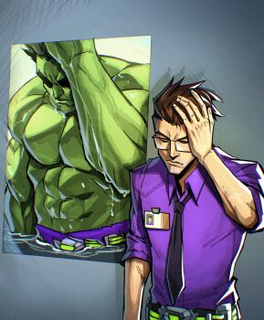 1boy abs absurdres avengers_(series) black_hair black_necktie brown_hair bruce_banner closed_eyes colored_skin commentary dual_persona glasses green_skin grey_background hand_on_own_head highres hulk male_focus marvel marvel_rivals muscular muscular_male necktie poster_(object) purple_shirt real_sixer121 shirt short_hair sleeves_rolled_up solo wet