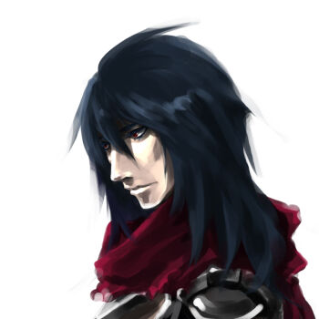 1boy assassin_cross_(ragnarok_online) blue_hair closed_mouth commentary_request eremes_guile expressionless long_hair looking_afar male_focus portrait ragnarok_online red_eyes red_scarf scarf simple_background solo toriria white_background