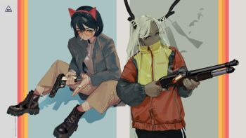 1girl 2girls absurdres adidas animal_ear_hairband animal_ears ankle_boots antlers asymmetrical_bangs bandage_on_finger bandages black_hair black_pants black_sleeves blazer blue_background bob_cut boots brown_pants cat_ear_hairband cat_ears cigarette collared_shirt dark-skinned_female dark_skin dress_shirt fake_animal_ears grey_background grey_eyes grey_jacket gun hairband handgun high_collar highres holding holding_gun holding_weapon horns jacket ks-23 leather leather_boots long_hair multicolored_jacket multiple_girls open_clothes open_jacket orange-tinted_eyewear original pants paper platform_boots platform_footwear polilla popped_collar pump_action red_jacket red_socks reloading shirt shotgun shotgun_shell simple_background sitting smoking socks solo striped_background sunglasses tinted_eyewear tokarev_tt-33 track_jacket track_pants track_suit trigger_discipline triple_vertical_stripe weapon white_hair white_shirt windbreaker zipper