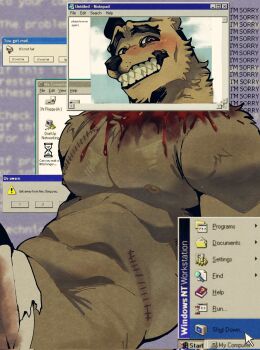 1boy bara brown_eyes brown_fur commentary corrupted_twitter_file english_commentary english_text furry furry_male grin guro headless highres implied_death large_pectorals looking_at_viewer makota_toh male_focus microsoft_windows muscular muscular_male nipples notepad_(windows) original pectorals smile solo teeth windows_2000 windows_95 windows_classic windows_logo wolf_boy