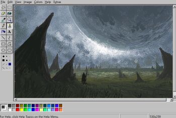 1other art_program_in_frame christian_young commentary english_commentary film_grain from_behind full_body holding holding_staff karst landscape microsoft_paint_(medium) microsoft_paint_(software) microsoft_windows mini_person moon original outdoors painterly scenery staff standing windows_98 windows_classic