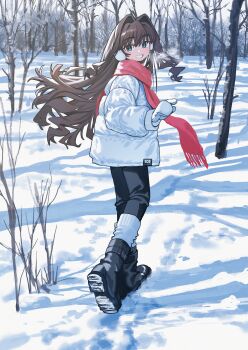 1girl absurdres bare_tree black_boots black_pants blue_eyes boots breath brown_hair coat day earmuffs elisia_valfelto floating_hair forest from_behind full_body grin hair_ears highres long_hair long_sleeves looking_at_viewer looking_back luicent mittens nature original outdoors pants pink_scarf scarf shadow smile snow snow_boots socks socks_over_pants solo tree turning_head walking white_coat white_socks winter winter_clothes winter_coat