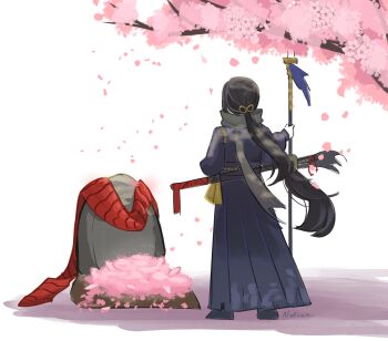 Rule 34 | 1girl, artist name, black coat, black hair, black shoes, cherry blossoms, chinese clothes, coat, commentary, english commentary, falling petals, from behind, full body, grave, grey scarf, hair ribbon, highres, holding, holding polearm, holding weapon, katana, limbus company, long coat, long hair, low ponytail, natsoo (natsoomeee), petals, pink petals, polearm, ponytail, project moon, red sash, ribbon, ryoshu (project moon), sash, scarf, sheath, sheathed, shoes, solo, standing, sword, tombstone, tree, weapon