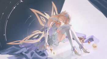 1girl bare_shoulders beret blonde_hair breasts cleavage closed_mouth commentary dress energy_wings full_body genshin_impact hat high_heels highres long_dress long_hair looking_down medium_breasts mocabred nicole_reeyn on_floor over-kneehighs sitting solo thighhighs white_dress white_hat white_thighhighs wings yellow_wings