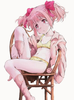 1girl bow bra breasts chair closed_mouth collarbone expressionless hair_bow highres kaname_madoka kneehighs leg_up loli looking_to_the_side looking_up mahou_shoujo_madoka_magica mahou_shoujo_madoka_magica_(anime) marutaya navel on_chair open_clothes open_shirt panties pink_bow pink_eyes pink_hair pink_shirt pink_socks shirt sidelocks simple_background sitting sleeves_past_wrists small_breasts socks solo twintails underwear white_background wooden_chair yellow_bra yellow_panties