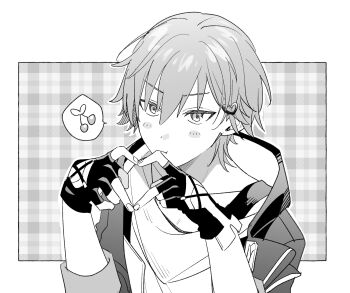1boy aadokkoi annoyed blush_stickers caelus_(honkai:_star_rail) cherry closed_mouth coat collarbone commentary_request fingerless_gloves fingernails food fruit gloves greyscale hair_between_eyes hair_ornament hands_up heart heart_hair_ornament heart_hands highres honkai:_star_rail honkai_(series) hood hooded_coat lapels long_sleeves male_focus monochrome open_clothes open_coat outside_border plaid_background shirt short_hair solo speech_bubble spoken_food t-shirt trailblazer_(honkai:_star_rail) two-sided_coat two-sided_fabric upper_body v-shaped_eyebrows