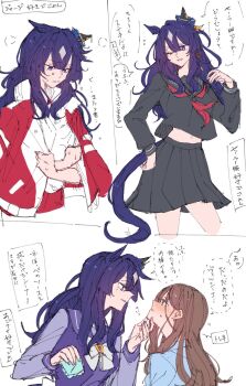 Rule 34 | 2girls, alternate costume, animal ears, black serafuku, black skirt, blue eyes, blue hair, blush, brown hair, commentary request, cowboy shot, cropped legs, crossed arms, female trainer (umamusume), flying sweatdrops, from side, gym uniform, hand on another's chin, hand on own hip, handkerchief, highres, holding, holding handkerchief, hollomaru, horse ears, horse girl, horse tail, jacket, long hair, midriff, multiple girls, multiple views, navel, neckerchief, open clothes, open jacket, pleated skirt, profile, red jacket, red neckerchief, school uniform, serafuku, skirt, tail, tracen school uniform, track jacket, trainer (umamusume), translation request, umamusume, verxina (umamusume), yuri