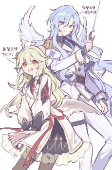 2girls :d ahoge black_shirt black_skirt blue_hair blue_necktie blush_stickers brown_hair brown_pantyhose collared_shirt commentary_request epaulettes fang feathered_wings frilled_skirt frills hair_between_eyes hair_intakes hijiri_(resetter) holding holding_sword holding_weapon jacket long_sleeves multiple_girls necktie open_mouth orange_eyes original pants pantyhose red_eyes red_necktie shirt simple_background skirt smile sword translation_request weapon white_background white_jacket white_pants white_wings wings