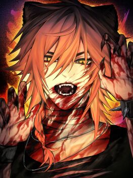 1boy alternate_costume animal_ears bandaged_neck bandages blonde_hair blood blood_on_clothes blood_on_face blood_splatter braid chinese_commentary commentary_request facial_tattoo fangs fingernails gradient_hair hedachuxiafan highres honkai:_star_rail honkai_(series) male_focus medium_hair multicolored_hair mydei_(honkai:_star_rail) red_hair red_tattoo sharp_fingernails side_braid solo tattoo wolf_boy wolf_ears yellow_eyes
