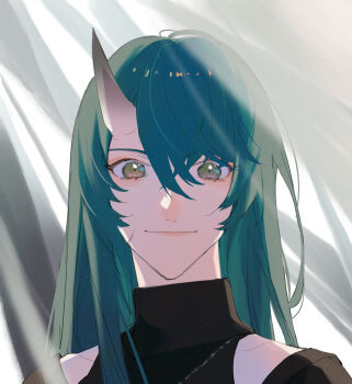 1girl arknights black_shirt closed_mouth clothing_cutout commentary_request facial_scar green_eyes green_hair hair_between_eyes highres horns hoshiguma_(arknights) jewelry long_hair looking_at_viewer necklace portrait scar scar_on_cheek scar_on_face shikiri shirt shoulder_cutout single_horn skin-covered_horns smile solo turtleneck upper_body