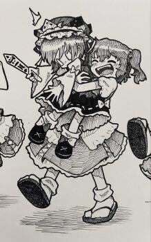 2girls ^^^ blush frilled_hat frills hair_bobbles hair_ornament hat highres hug hug_from_behind long_sleeves multiple_girls onozuka_komachi photo_(medium) puffy_short_sleeves puffy_sleeves ribbon-trimmed_skirt ribbon_trim rod_of_remorse sandals shiki_eiki shoes short_sleeves skirt socks suteruko touhou traditional_media vest wide_sleeves
