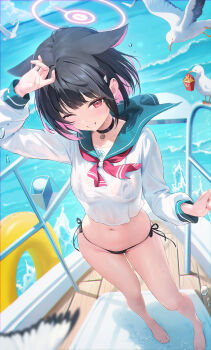 1girl absurdres animal_ears arm_up barefoot bikini bird black_bikini black_choker black_hair blue_archive choker colored_inner_hair halo highres houkisei innertube kazusa_(blue_archive) long_sleeves looking_at_viewer multicolored_hair navel one_eye_closed outdoors paid_reward_available pink_hair pink_halo red_eyes school_uniform seagull serafuku shirt short_hair side-tie_bikini_bottom smile solo standing stomach swim_ring swimsuit thighs two-tone_hair water white_serafuku white_shirt
