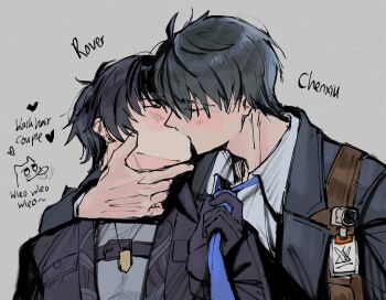 2boys ananta artist_self-insert badge black_gloves black_hair black_jacket black_suspenders blue_hair blue_necktie blush brown_vest character_name closed_eyes clothes_grab collared_shirt ear_piercing english_text film_grain gloves grey_background grey_shirt hand_on_another&#039;s_neck heart jacket jewelry kiss looking_at_another male_focus male_protagonist_(ananta) male_rover_(wuthering_waves) multiple_boys neck_grab necklace necktie necktie_grab neckwear_grab pale_skin pendant piercing rover_(wuthering_waves) shirt sketch suspenders vest white_shirt wuthering_waves xiemon