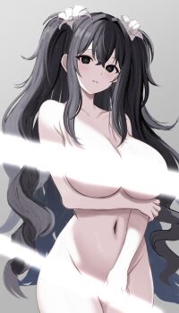 1girl absurdres arm_under_breasts armpit_crease black_eyes black_hair breasts censored cleavage closed_mouth collarbone commentary_request completely_nude cowboy_shot crossed_bangs flower fubuki_(senran_kagura) grey_background groin hair_between_eyes hair_flower hair_ornament hand_on_own_arm highres large_breasts light_censor long_hair looking_at_viewer marvelous navel nude paid_reward_available senran_kagura senran_kagura_new_link sidelocks simple_background solo standing stomach surippa1010 two_side_up very_long_hair wavy_hair white_flower