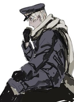 Rule 34 | 1boy, axis powers hetalia, black boots, black gloves, boots, cup, from side, gloves, hair between eyes, hand up, hat, holding, holding cup, jacket, kiguchi05, long sleeves, looking to the side, male focus, military, military hat, military jacket, military uniform, pants, peaked cap, purple eyes, purple hat, purple jacket, purple pants, russia (hetalia), scarf, short hair, simple background, sitting, solo, soviet army, white background, white hair, white scarf