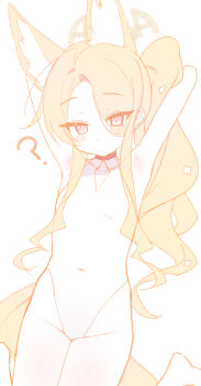 1girl above-cleavage_cutout absurdres animal_ears armpits arms_behind_head arms_up bare_shoulders blonde_hair blue_archive blush breasts clothing_cutout commentary_request covered_navel diamond_cutout forehead fox_ears fox_girl hair_ornament hair_over_one_eye halo highleg highleg_one-piece_swimsuit highres long_hair looking_at_viewer official_alternate_hairstyle one-piece_swimsuit pn_(wnsl216) presenting_armpit seia_(blue_archive) seia_(swimsuit)_(blue_archive) simple_background sleeveless small_breasts solo swimsuit thighs white_background white_one-piece_swimsuit yellow_halo