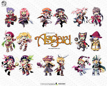 Rule 34 | 2001, 6+boys, 6+girls, :3, animal ear hood, animal ears, animal hood, anime coloring, ankle boots, ankle cuffs, aqua eyes, aqua pupils, argyle clothes, argyle hat, armor, asgard, baggy pants, bard, bard (asgard), belt, bf. (sogogiching), black cape, black eyes, black hat, black hood, black jumpsuit, black mouth, black pants, black shirt, black shoes, black skirt, black sleeves, black straps, black wrist cuffs, blonde hair, blue eyes, blue gemstone, blue hair, blue pupils, blunt ends, boots, bow, bowtie, braid, bright pupils, brooch, brown belt, brown gloves, brown hair, brown pants, brown sandals, brown shirt, brown shoes, brown sleeves, cape, card, cat hood, chibi, chibi only, clenched hand, cleric (asgard), clerical collar, closed eyes, closed mouth, coat, coattails, colored sclera, company name, copyright name, copyright notice, creature, crescent, crescent brooch, crescent ornament, crop top, cropped shirt, cross, cross-laced clothes, cross-laced legwear, cross-laced straps, cross-laced top, cross print, cube, cuisses, dated, diamond (shape), dress, earrings, eighth note, english text, epee, everyone, eyelashes, facial scar, facing viewer, fake animal ears, fake claws, fang, fangs, fantasy, feathers, fingerless gloves, flipped hair, floating, floating object, foot wraps, frilled sleeves, frills, gem, gladiator sandals, gloves, goggles, goggles on headwear, gold buckle, gold hair tie, greaves, green eyes, green feathers, green hair, green pupils, green scarf, grey cape, grin, hair between eyes, hair tie, hand on own hip, hat, hat feather, hat tassel, heart, helmet, holding, holding card, holding instrument, holding lute, holding polearm, holding shield, holding sword, holding wand, holding weapon, holding whip, hood, instrument, jester cap, jewelry, juliet sleeves, jumpsuit, knight (asgard), lance, latin cross, layered sleeves, leaf, light blush, logo, long hair, long sidelocks, long skirt, long sleeves, looking at another, looking at viewer, looking to the side, lute (instrument), mage (asgard), martial arts, mask, mask on head, masquerade mask, medium hair, midriff, miniskirt, monk (asgard), multicolored hat, multiple boys, multiple girls, music, musical note, neck ruff, nexon, no nose, o-ring, off-shoulder shirt, off shoulder, official art, official wallpaper, one eye closed, onesie, open clothes, open coat, open hands, open mouth, orange cape, orange hat, pants, pauldrons, pink bow, pink bowtie, pink cape, pink dress, pink feathers, pink hair, pink hat, pink wrist cuffs, planted, planted polearm, playing card, playing instrument, pointing, pointing up, pointy shoes, polearm, poleyn, polka dot hat, pom pom (clothes), print shirt, profile, prophet (asgard), puff and slash sleeves, puffy sleeves, puritan collar, purple eyes, purple hat, purple pupils, purple skirt, purple tabard, rabbit ears, red coat, red eyes, red fur, red hat, red pants, red shirt, red sleeves, red tabard, rerebrace, sabaton, sandals, scar, scar on cheek, scar on face, scarf, scythe, second-party source, shield, shirt, shirt under shirt, shoes, short dress, short hair, short over long sleeves, short sleeves, shoulder armor, shoulder belt, sidelocks, sideways mouth, silver armor, skirt, skull belt, skull pauldron, sleeve cuffs, smile, smoke, spade (shape), spiked boots, standing, star (symbol), star brooch, striped clothes, striped dress, striped sleeves, studded belt, studded wristband, surcoat, sword, tabard, tassel, text background, thief (asgard), toeless legwear, tongue, tongue out, torn clothes, torn hat, triangle mouth, turtleneck, turtleneck shirt, twin braids, twintails, twisted torso, two-tone dress, two-tone shirt, two-tone wrist cuffs, v-shaped eyebrows, vambraces, w, waist cape, wand, warrior (asgard), watermark, weapon, web address, white cape, white dress, white hat, white mask, white pants, white pupils, white shirt, white skirt, white sleeves, white trim, winged helmet, witch hat, wrist belt, wrist cuffs, yellow sclera, yellow shirt, yellow sleeves, yellow trim