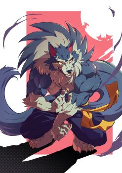 1boy animal_ears bara barefoot bat_(animal) biceps claws clenched_teeth commentary darkstalkers english_commentary fangs furry furry_male glowing glowing_eyes highres jon_talbain male_focus muscular muscular_male pawpads tail teeth tiggonthegreat werewolf wolf_boy wolf_ears wolf_tail