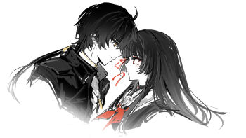 1boy 1girl akiko54124 black_hair black_serafuku chisa_(wuthering_waves) commentary_request from_side highres long_hair looking_at_another male_rover_(wuthering_waves) red_eyes rover_(wuthering_waves) sailor_collar school_uniform serafuku simple_background upper_body white_background wuthering_waves yellow_eyes