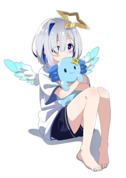 Rule 34 | 1girl, alternate costume, amane kanata, angel wings, barefoot, black shorts, blue eyes, blue hair, colored inner hair, commentary request, creature, feathered wings, feet, full body, grey hair, hair over one eye, halo, highres, holding, holding creature, hololive, hug, light blush, looking at viewer, multicolored hair, pink hair, shadow, shirt, short hair, short shorts, short sleeves, shorts, sidelocks, simple background, single hair intake, sitting, solo, star halo, streaked hair, t-shirt, toes, upao (amane kanata), virtual youtuber, white background, white shirt, wings, yabu q