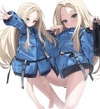 1girl android aqua_eyes arm_up barefoot blonde_hair blue_jacket blush coat diana_(pragmata) feet female_focus forehead green_eyes highres jacket kuwa_za leg_up loli long_hair looking_at_viewer machine multiple_views no_pants pragmata robot simple_background smile solo thighs toes white_background