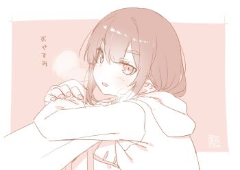 1girl akari_(raigou) border breath elf fang looking_at_viewer open_mouth original outdoors pointy_ears raigou seal_impression sepia sidelocks simple_background skin_fang white_border