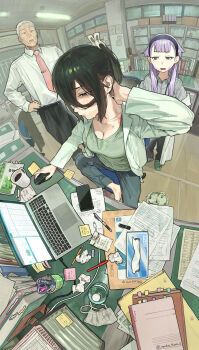 1boy 2girls absurdres barefoot black_hairband breasts cellphone cleavage coffee_mug collarbone commentary_request computer computer_mouse cup fisheye hairband highres hiratsuka_satomi holding holding_computer_mouse kitsunezuka-sensei laptop long_hair mole mole_under_eye mug multiple_girls necktie old old_man open_mouth phone pink_necktie ponytail purple_hair seitokai_ni_mo_ana_wa_aru! shirt sitting smartphone tissue_box tonko_from used_tissue white_shirt