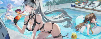 4girls absurdres bikini black_bikini black_survival breasts character_request cup drink eternal_return:_black_survival grey_eyes grey_hair haze_(black_survival) highres holding incredibly_absurdres kurimui2 li_dailin multiple_girls official_alternate_costume pool poolside rubber_duck sunglasses swimsuit vanya_(black_survival) water